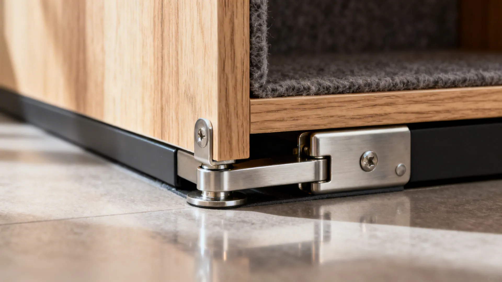 Macro of concealed floor pivot hardware with brushed metal finish and aligned hinge on a bookshelf partition.