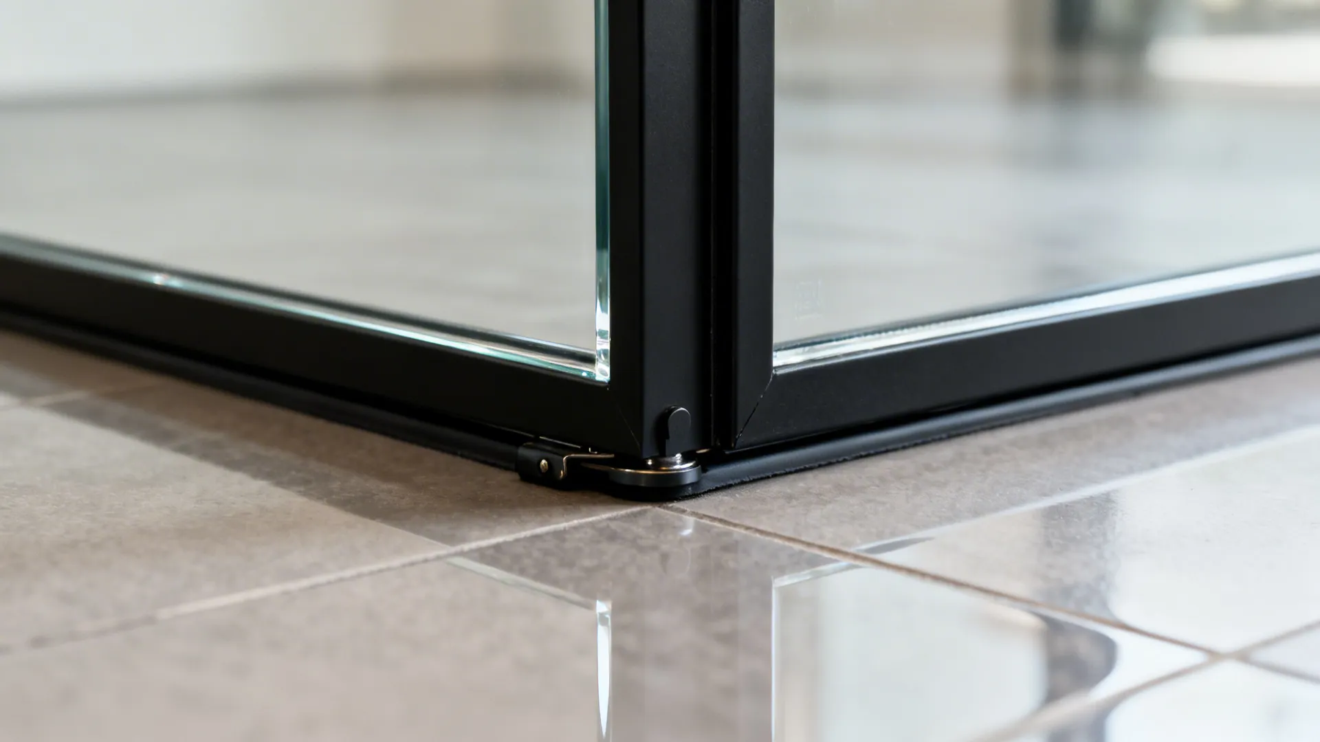 Macro of a black metal pivot door’s floor hardware and drop seal in soft light.