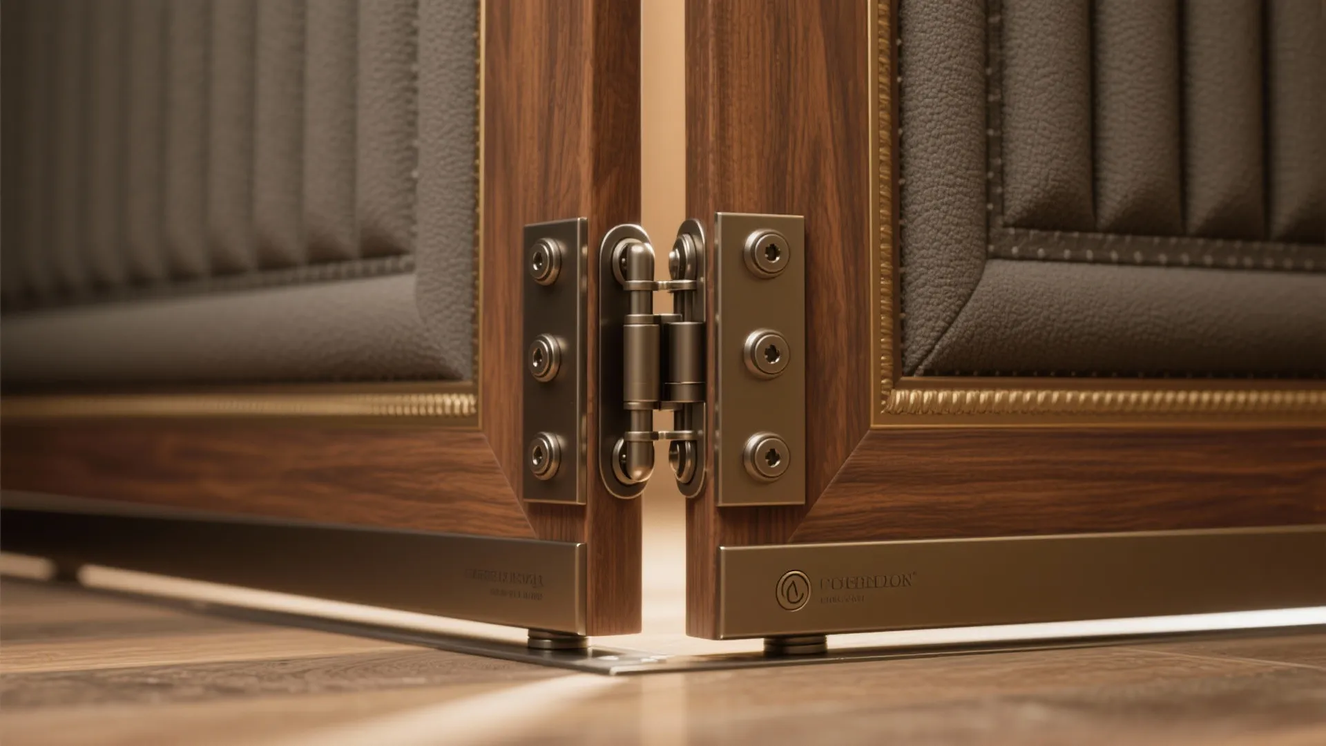 Close up view of metal door hinge connecting two dark wood panels with grey textured padding