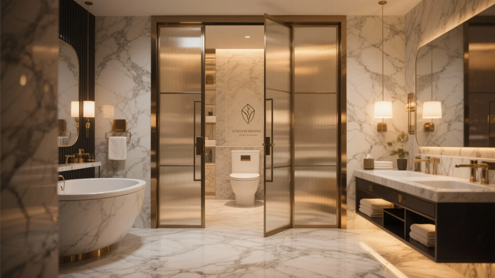 Luxury marble bathroom featuring a gold frame glass pivot door leading to a toilet area