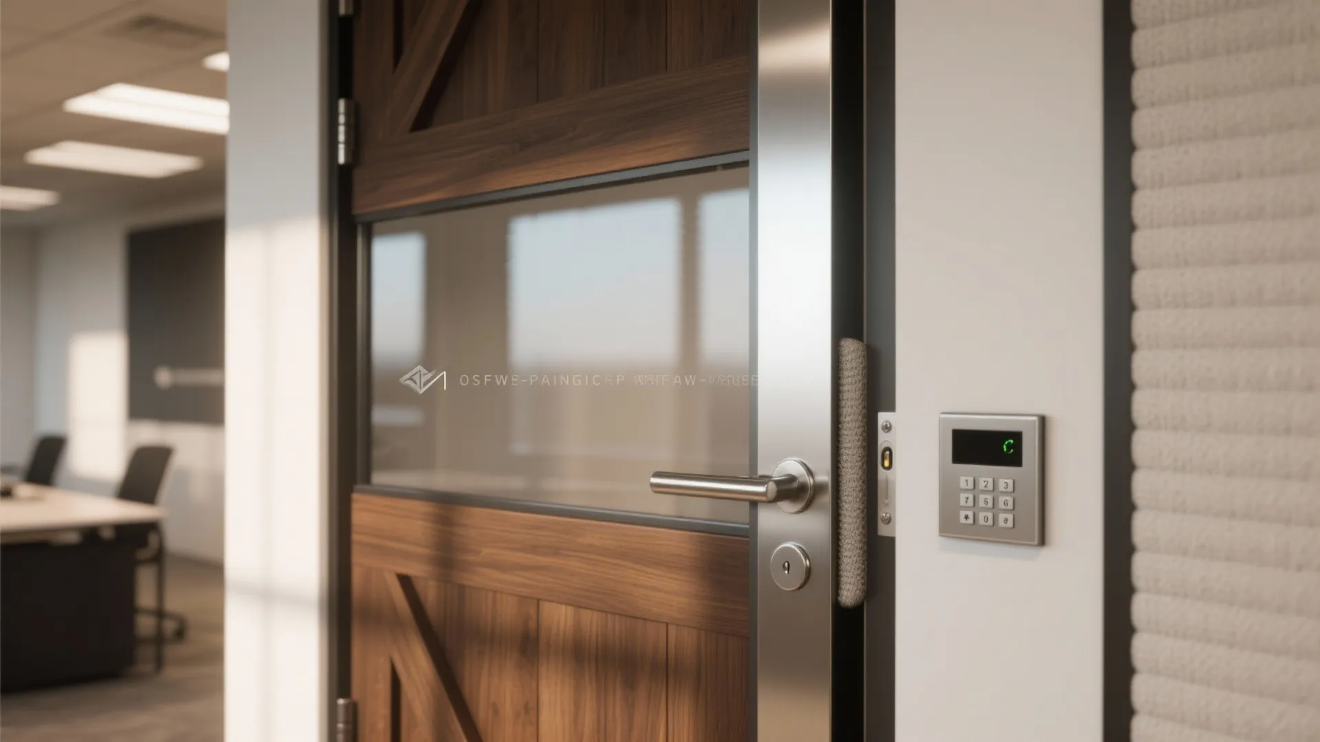 Close up of a wood and glass office door featuring metal handle and digital keypad