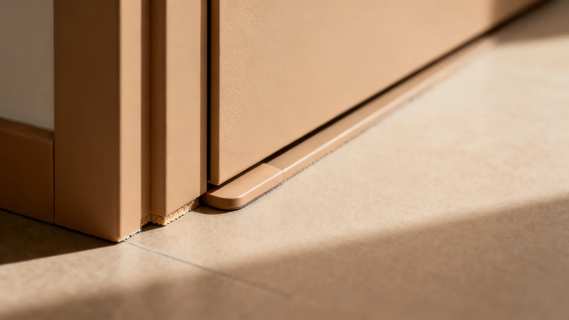 Macro of clay-beige PVC pivot door jamb with shadow reveal and flush floor pivot.