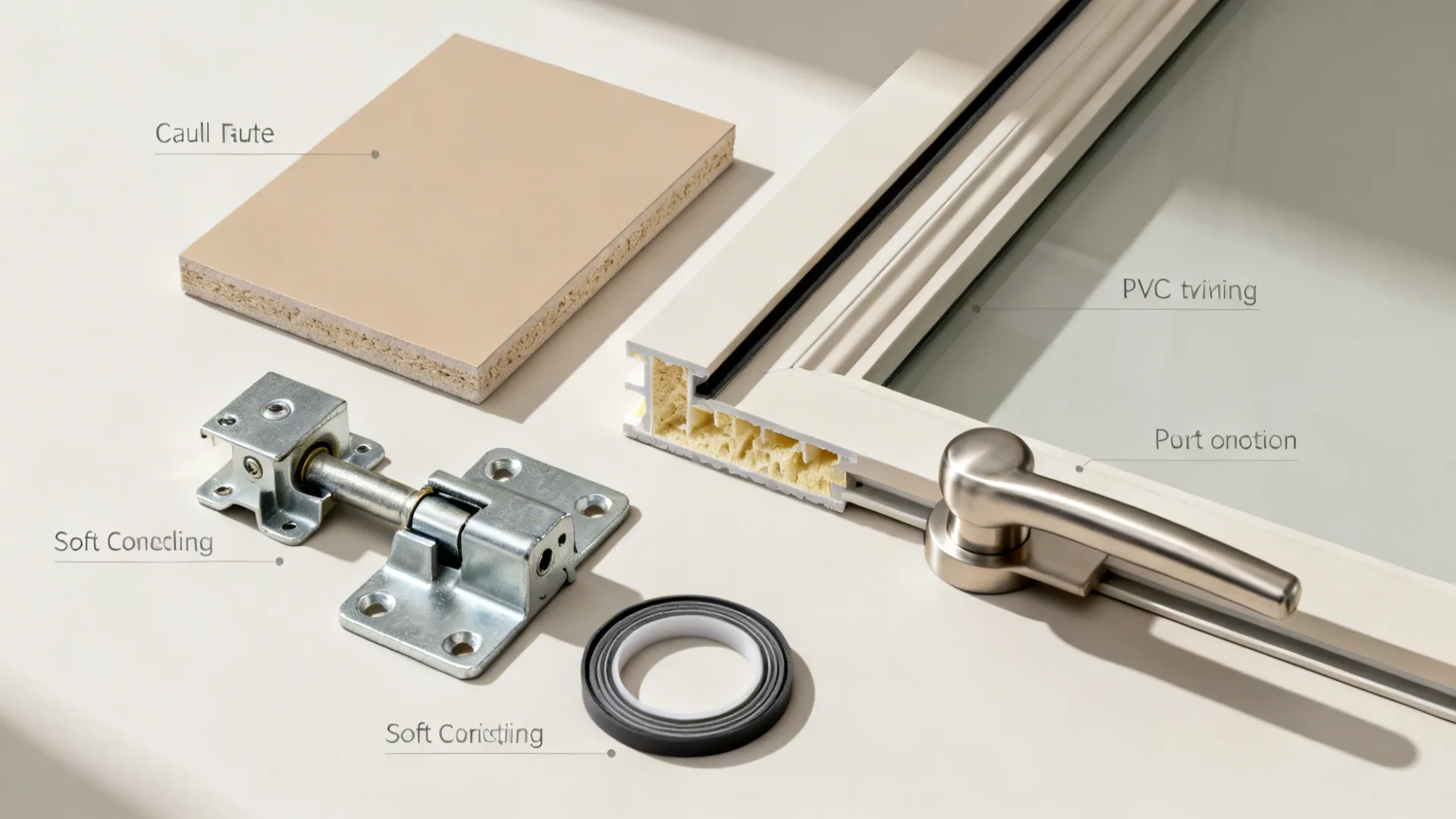 Flatlay of clay-beige PVC sample, acoustic core section, pivot hardware, and seals.