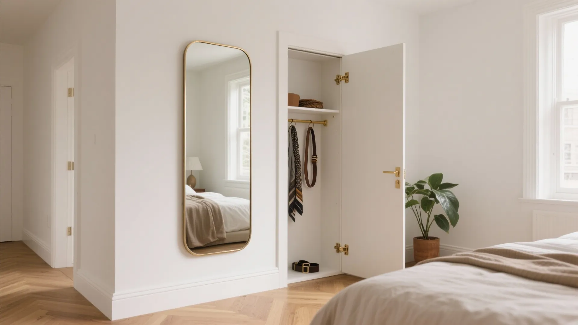 Pivoting full-length mirror on a side wall with slim hidden storage for belts and scarves.