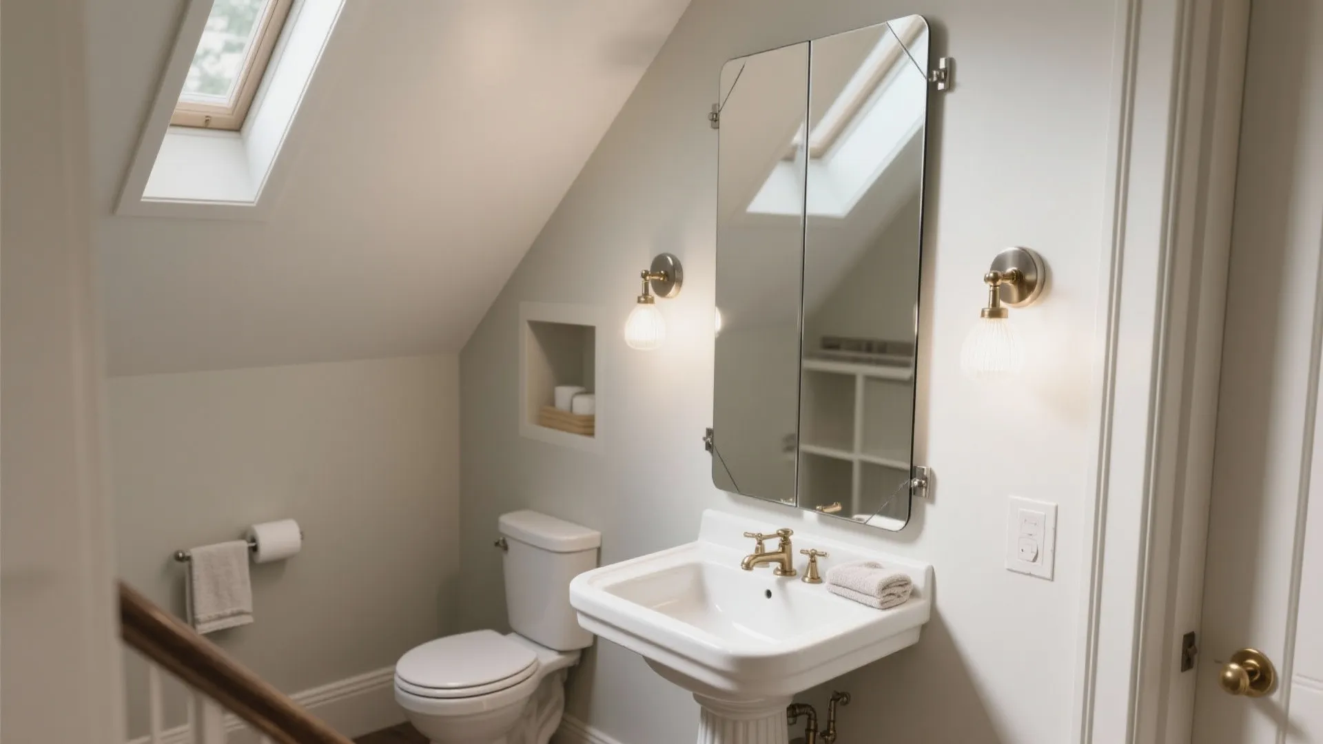 Small bathroom under a roof window with white toilet and sink plus two wall lights