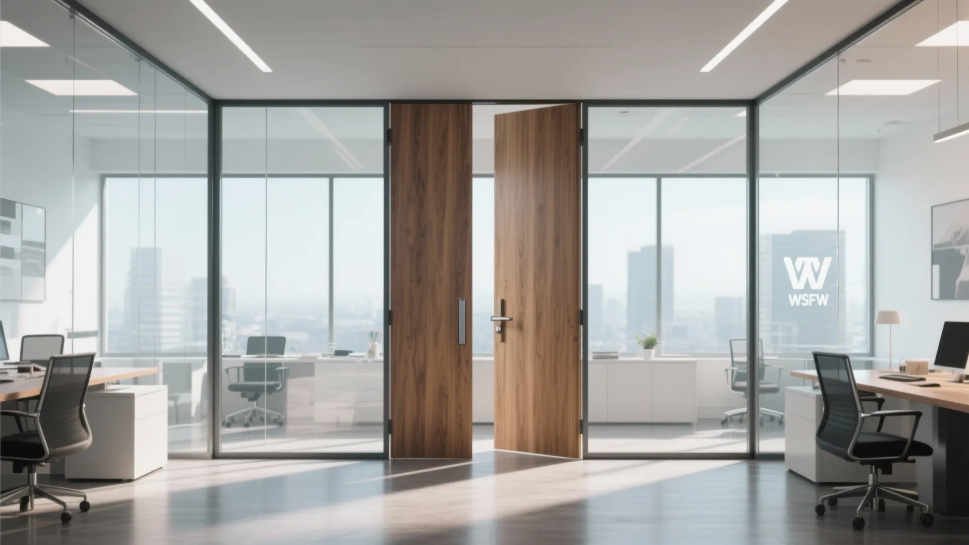 Modern office space with glass walls and a large wooden door featuring a city view background