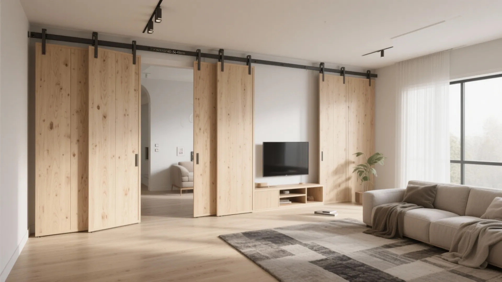 Spacious living room with large sliding wooden doors beige sofa television rug and track lights
