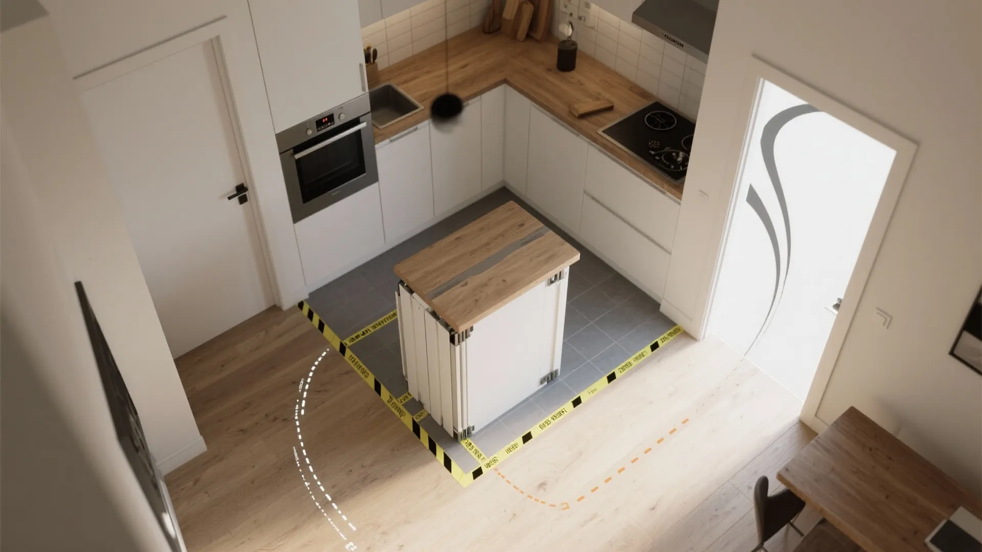 Foldable or stowable island that disappears