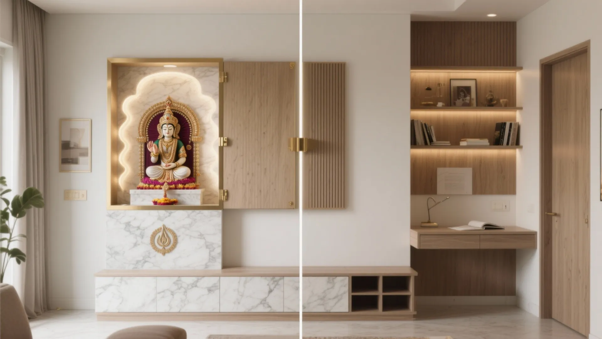 5) Multi-purpose pooja wall that works in tiny apartments