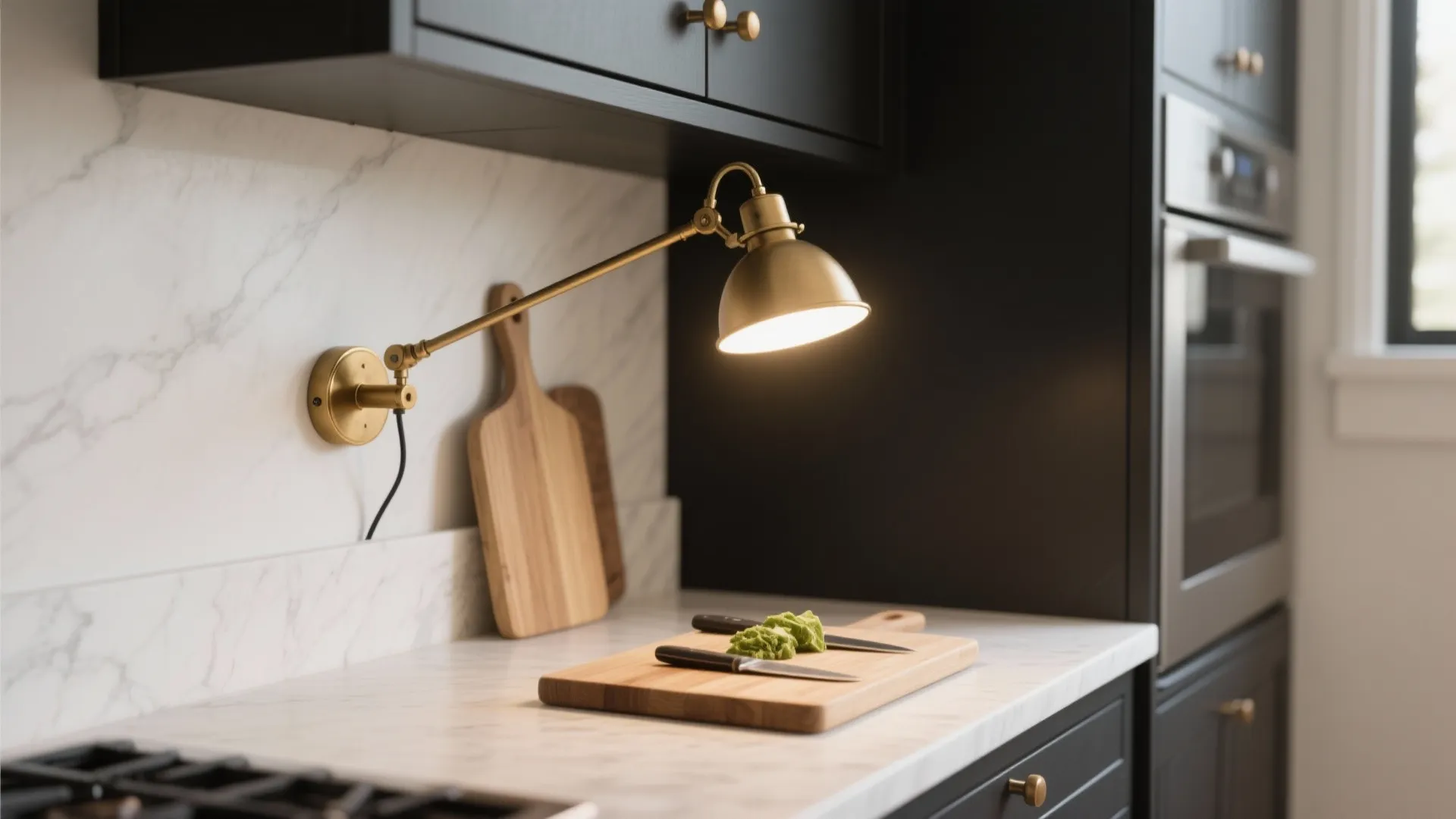 Pivoting sconces over a compact prep zone