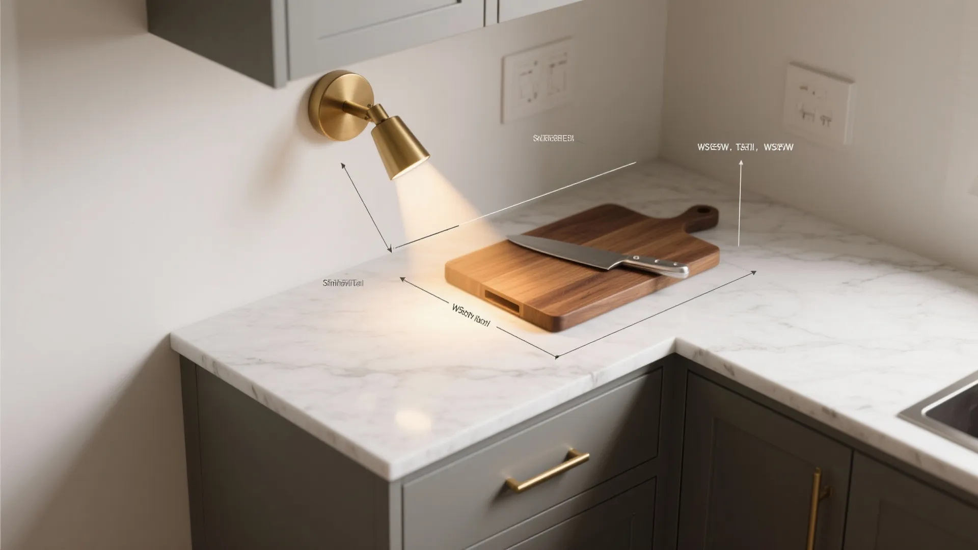 Pivoting sconces over a compact prep zone