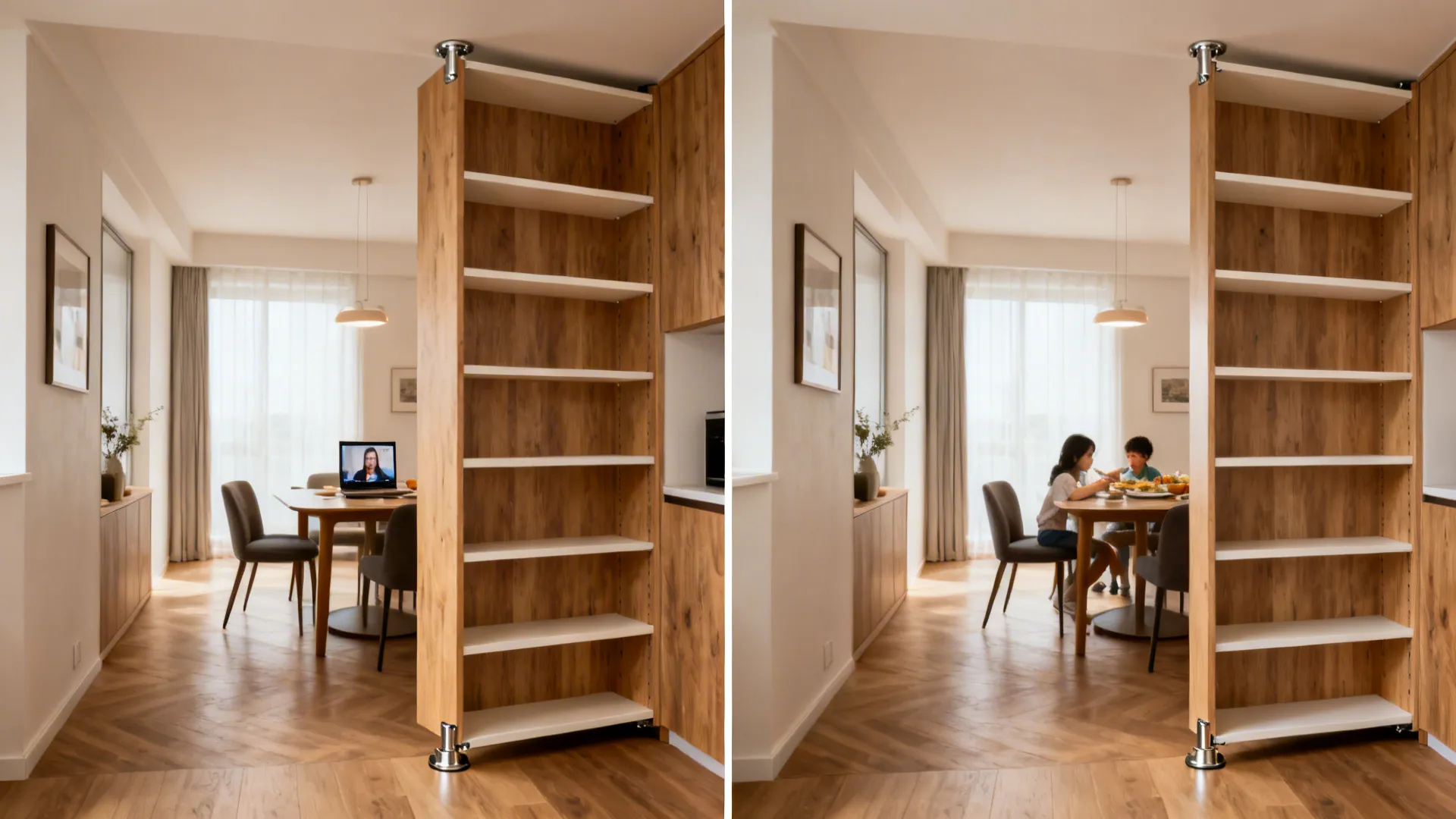 Pivoting bookshelf shown in closed and open positions to flex between work and dining zones.