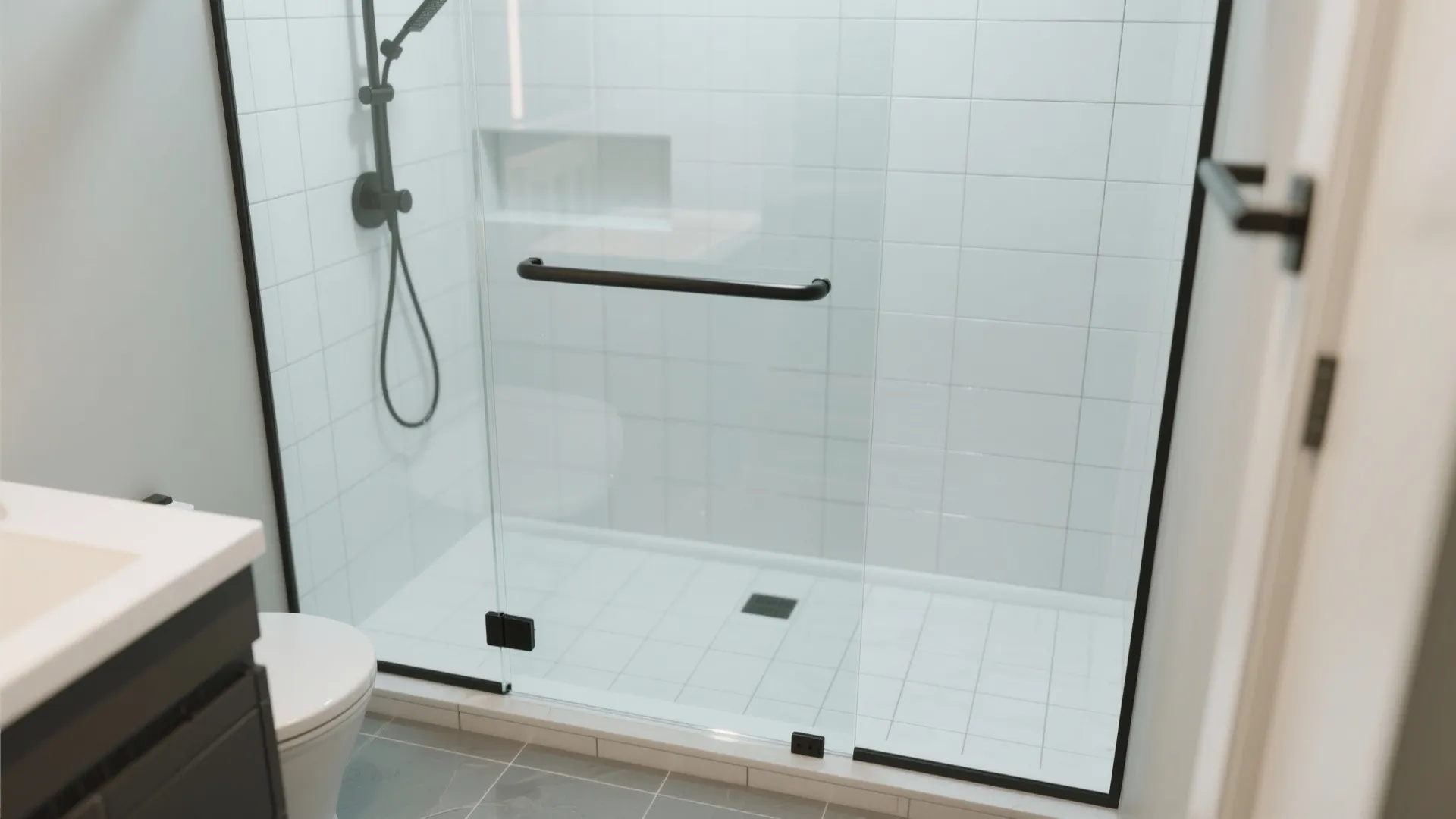 Shower-Rated Pivot Door With Clear Sightlines