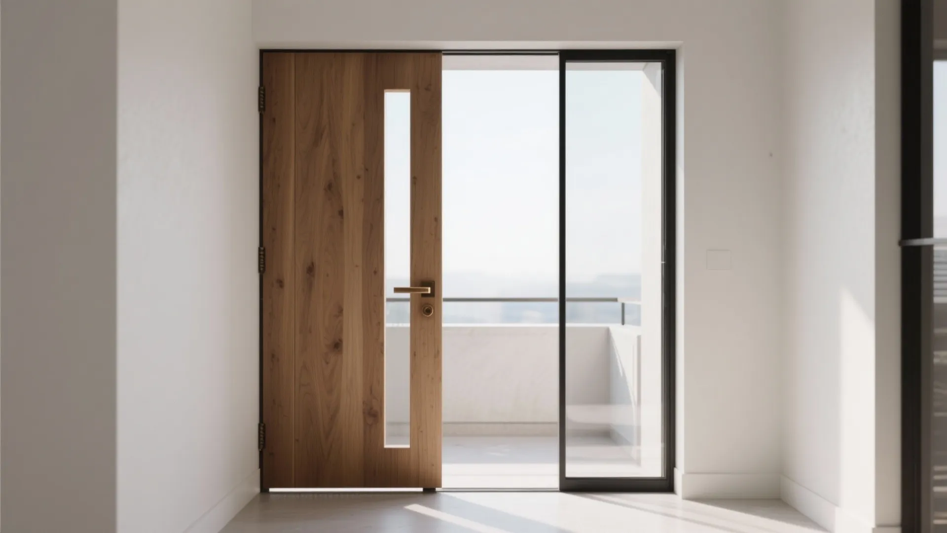 Modern wood front door with glass panel window opening to a sunny balcony with metal railing