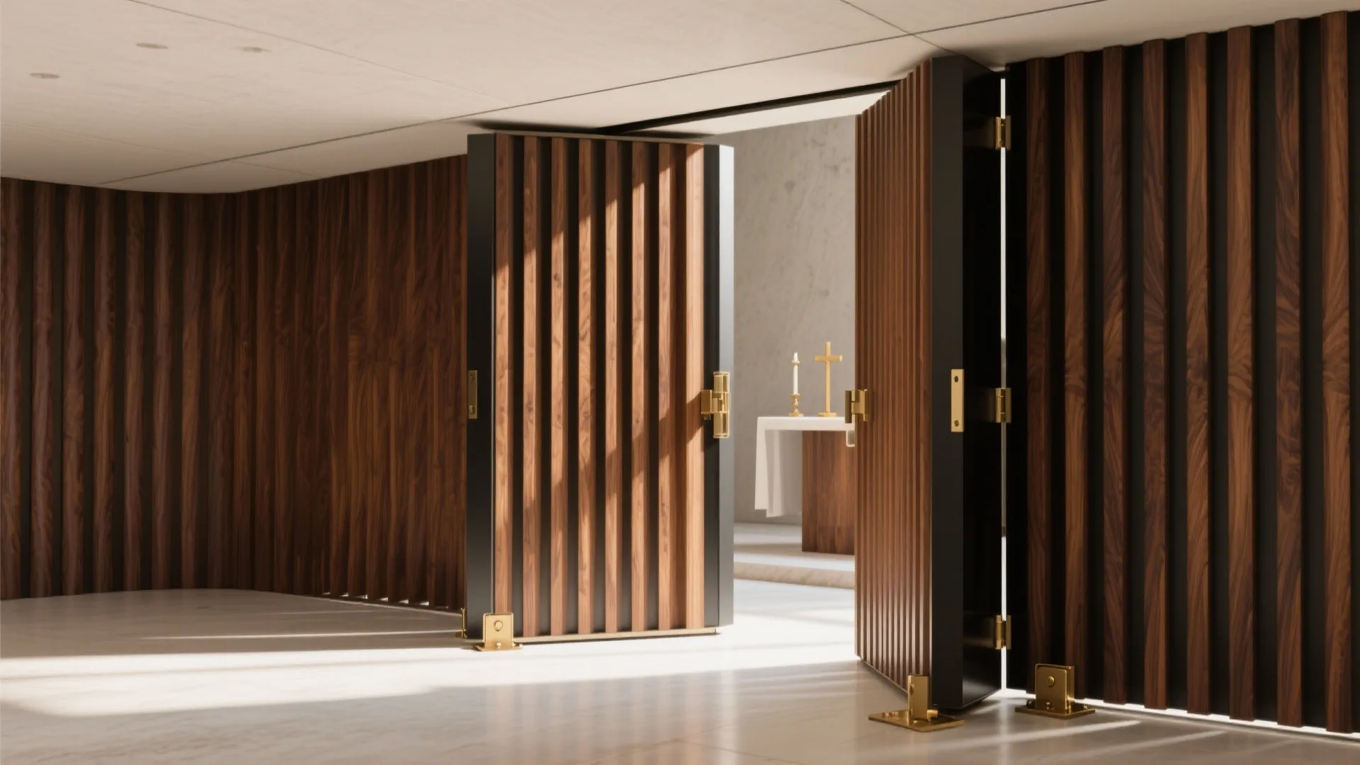 Large folding wood doors with vertical slats opening into a bright and clean white room