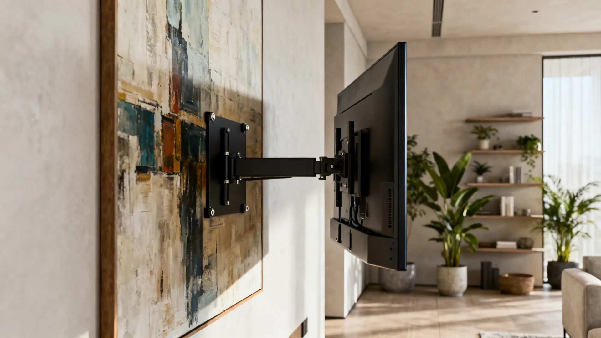 Open-plan living room showing a TV on a pivot mount swinging out from behind a large artwork.