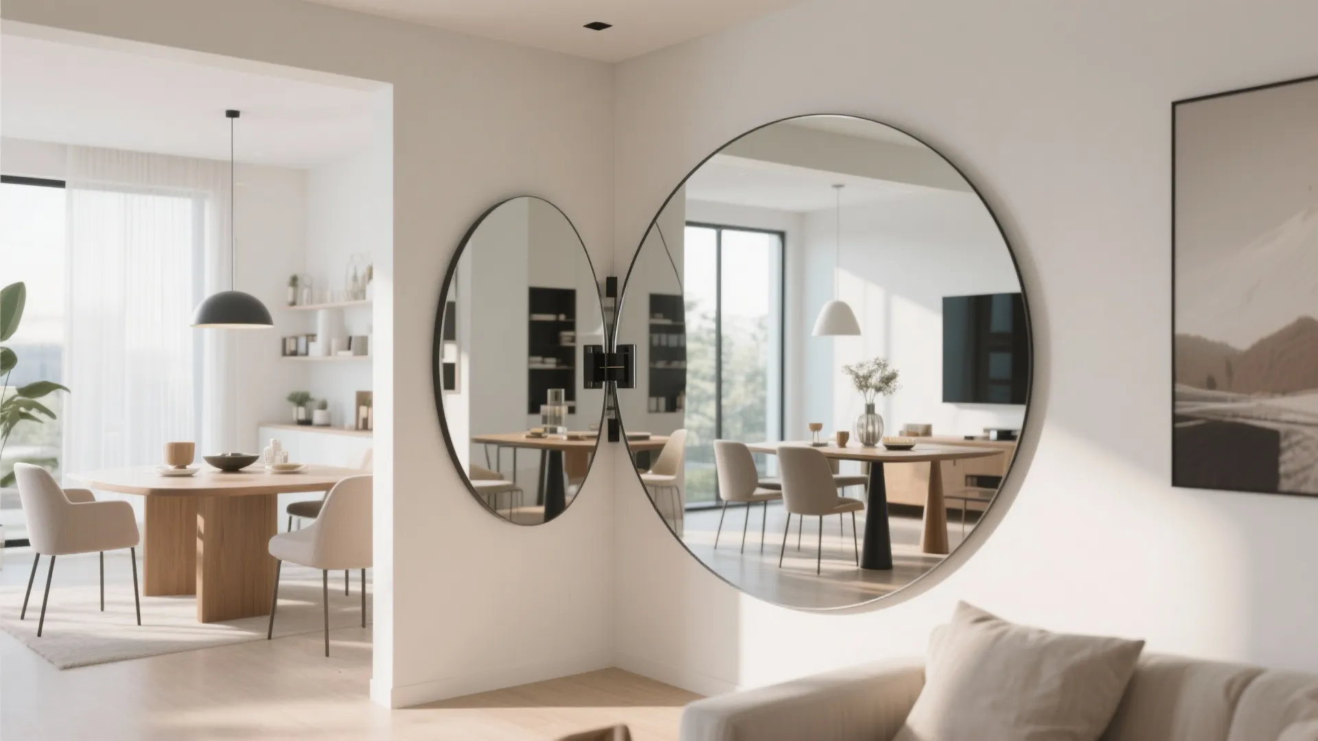 Pivot corner mirror reflecting a dining area with natural light