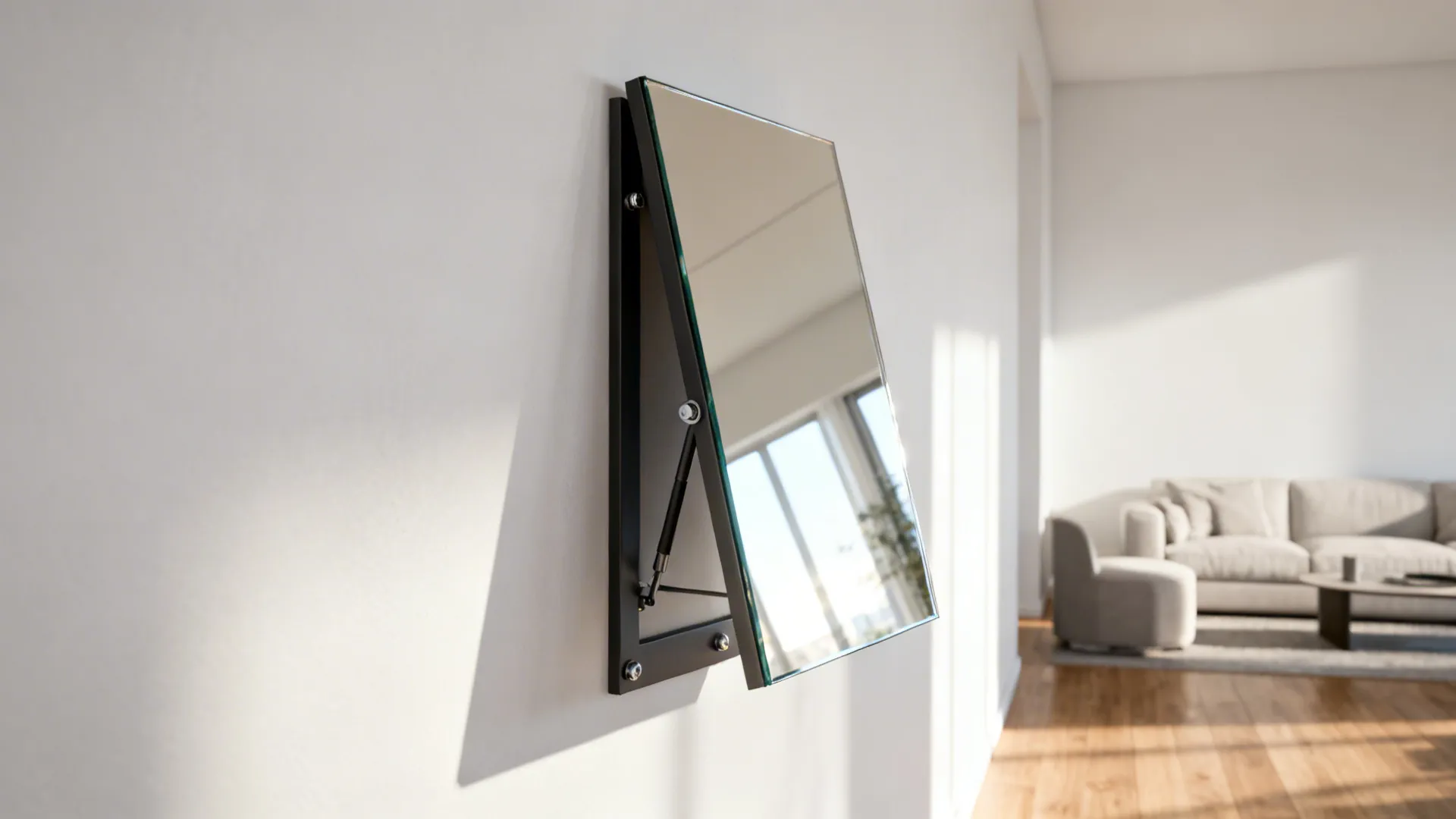 Black metal tilting wall mirror mounted on a white wall near a bright sofa area