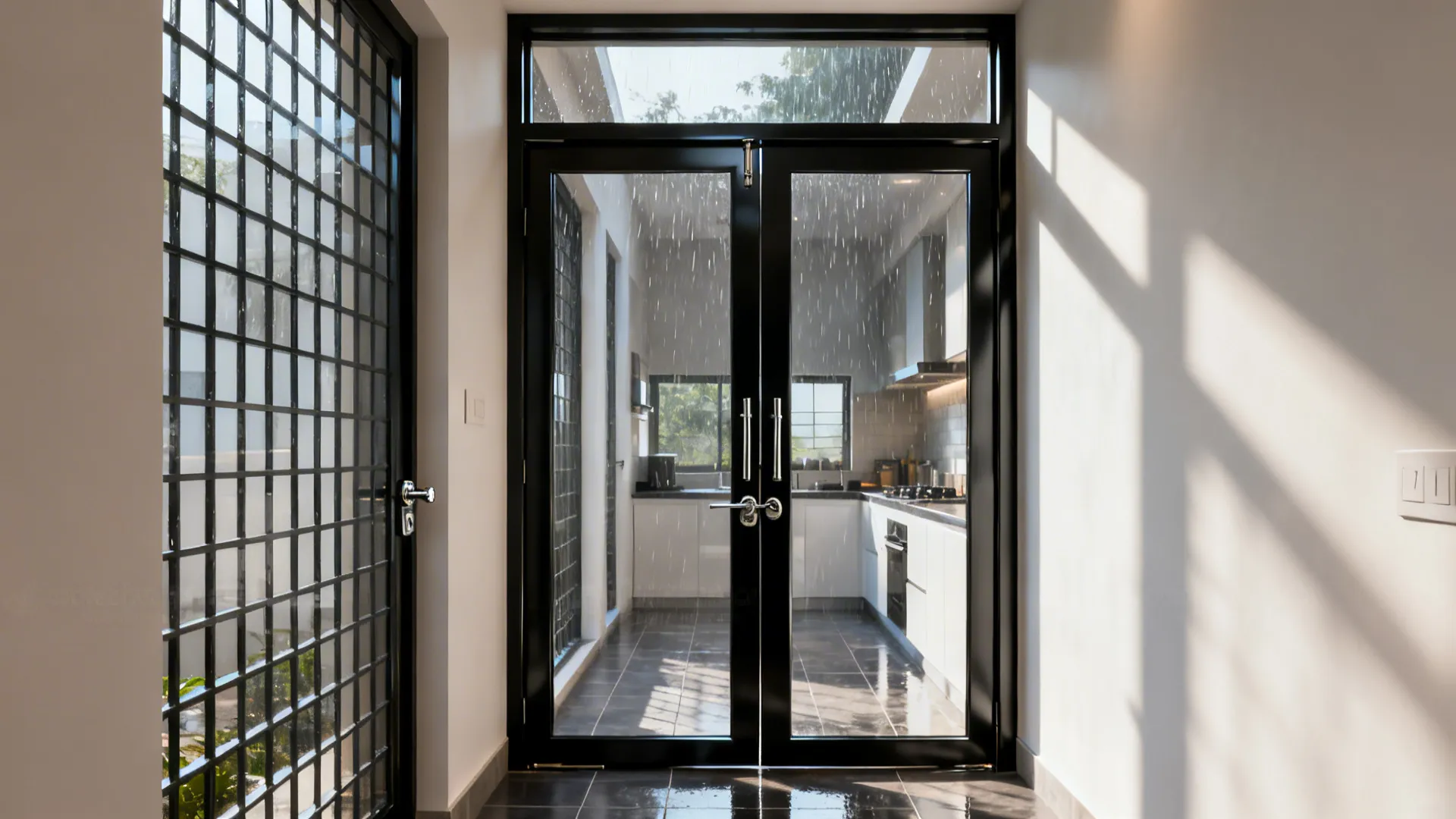 Black metal pivot door with a matching transom bringing light into a Kerala hallway.