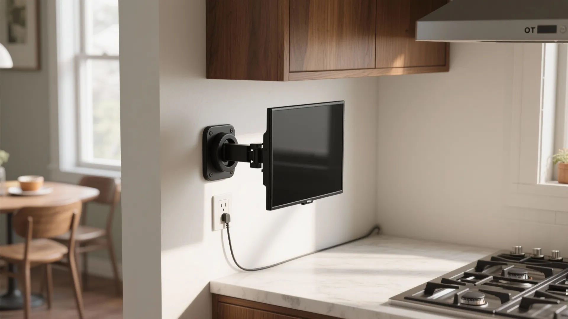 Small black television on a swivel wall mount bracket in a kitchen near wood cabinets