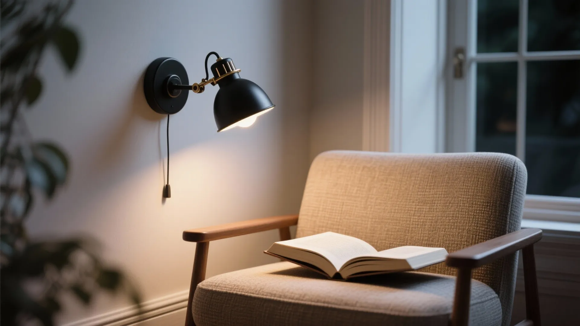 Pivoting arm sconce over a reading chair showing hinge detail and focused task light.