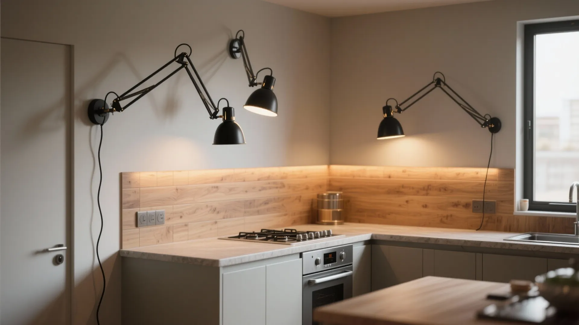 Arched or pivoting arms to stretch light across counters