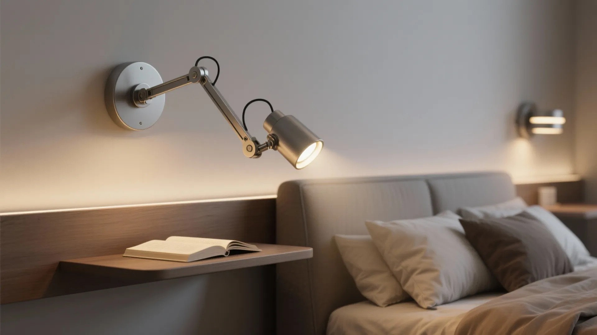 2. Pivoting LED sconces for bedside flexibility