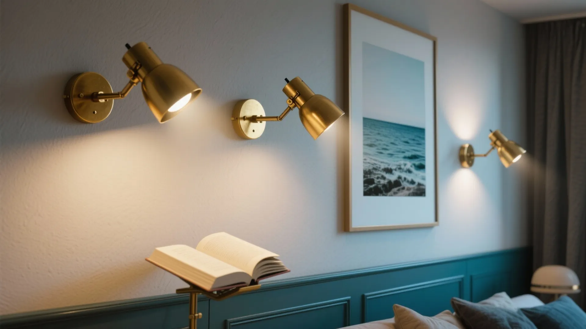 Pivoting brass sconces shown in multiple angles to demonstrate versatility in a studio wall.