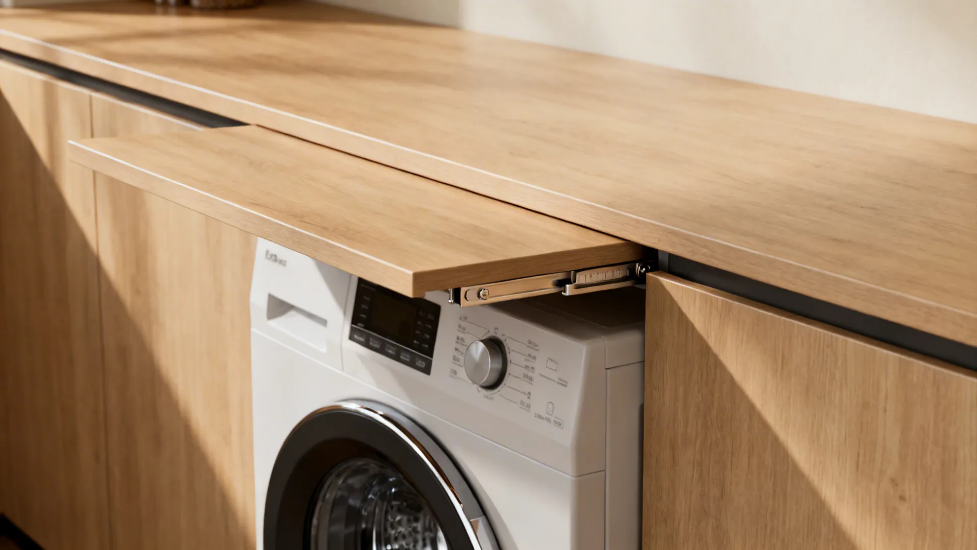 Pivoting shelf that swings clear of a top-load washer to create a continuous countertop.