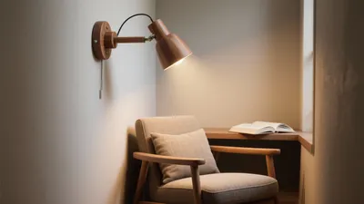 Cozy Reading Nook with Wooden Wall Lamp