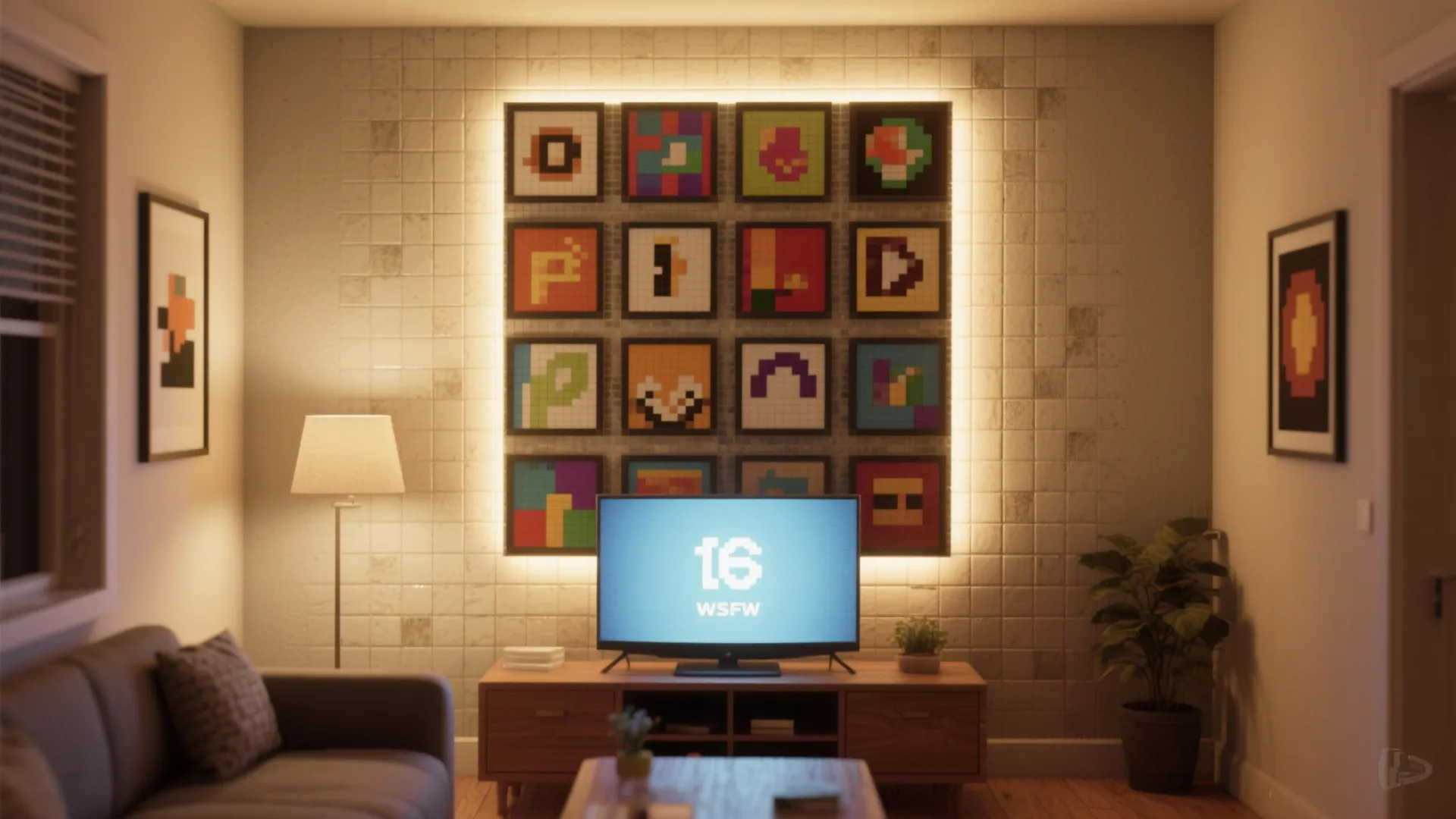 Modern living room with grey sofa wooden TV stand back lit pixel art wall floor lamp