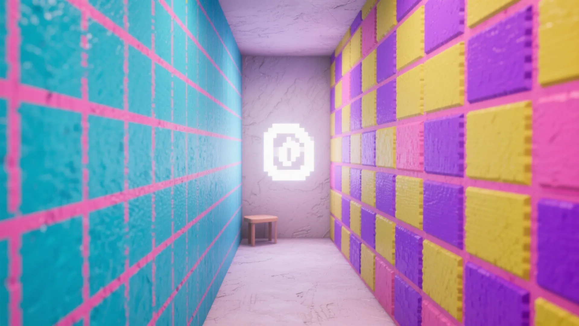 Narrow wall painted with 8-bit pixel blocks in bold cyan, magenta and yellow tones.
