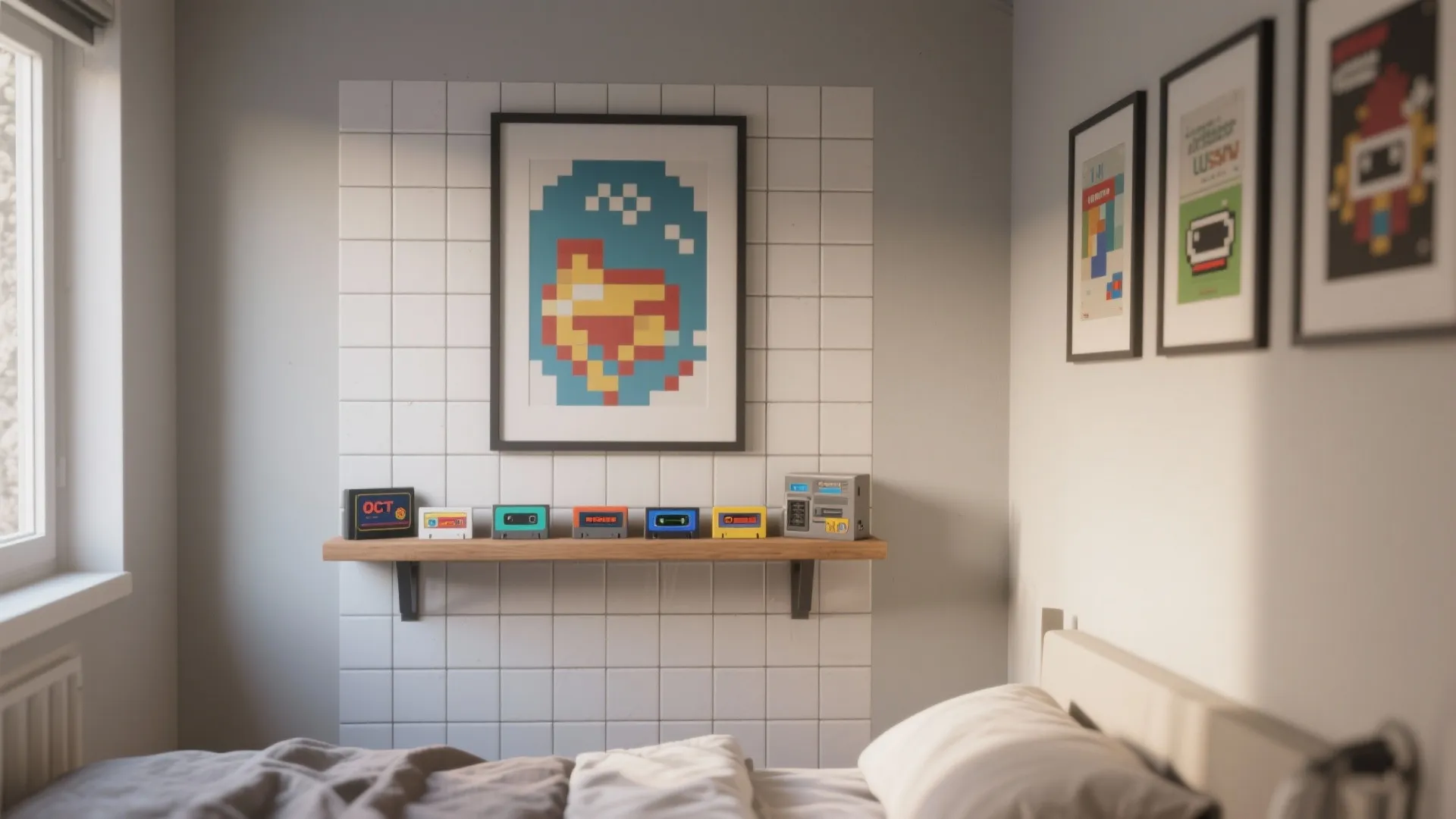 Modern bedroom feature wall with white tiles wooden shelf and pixel art picture in frame