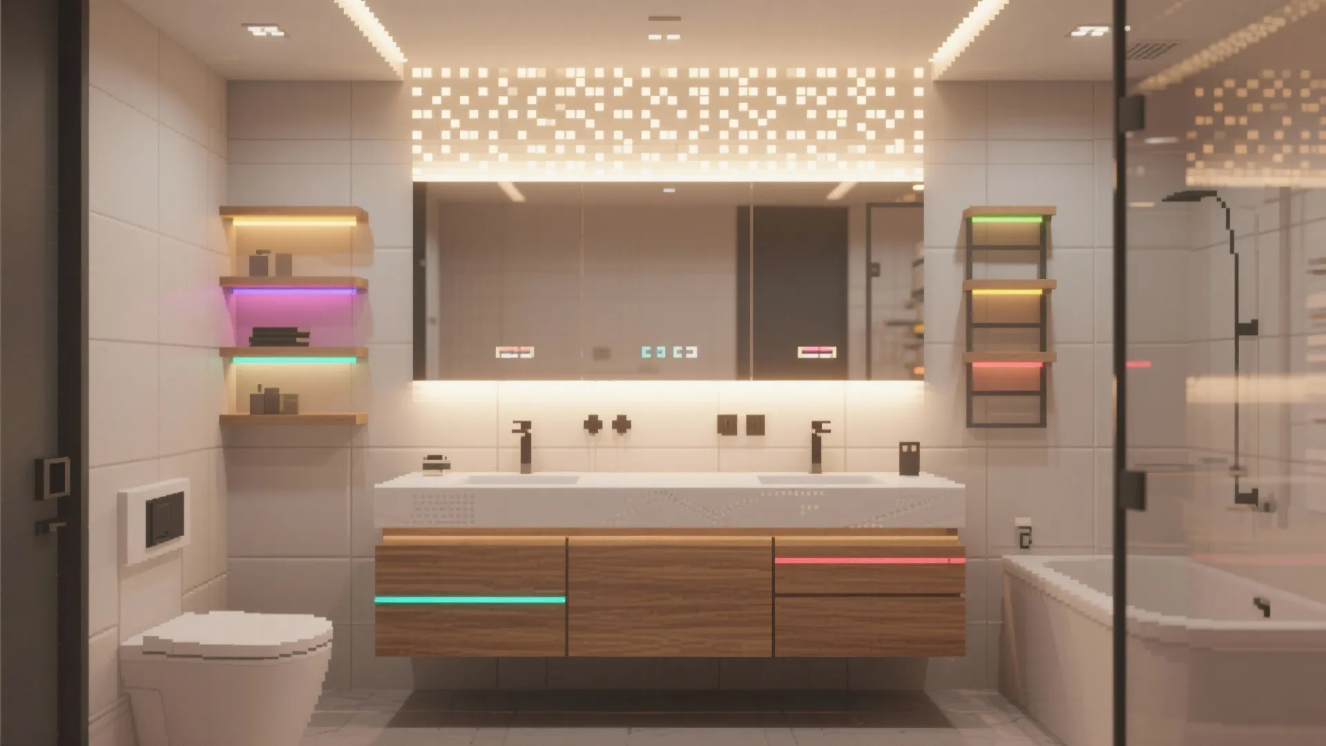 Modern bathroom featuring mirror with light grid above double wooden cabinet sink with colorful light strips
