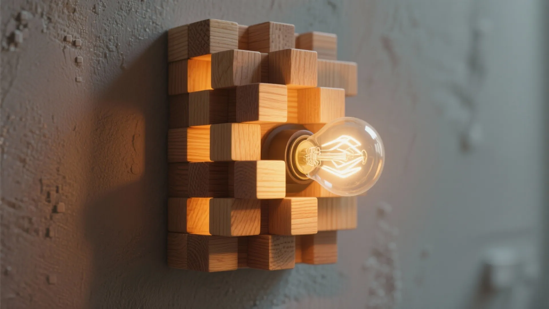 Creative wall light made from wooden blocks with a glowing light bulb on a wall