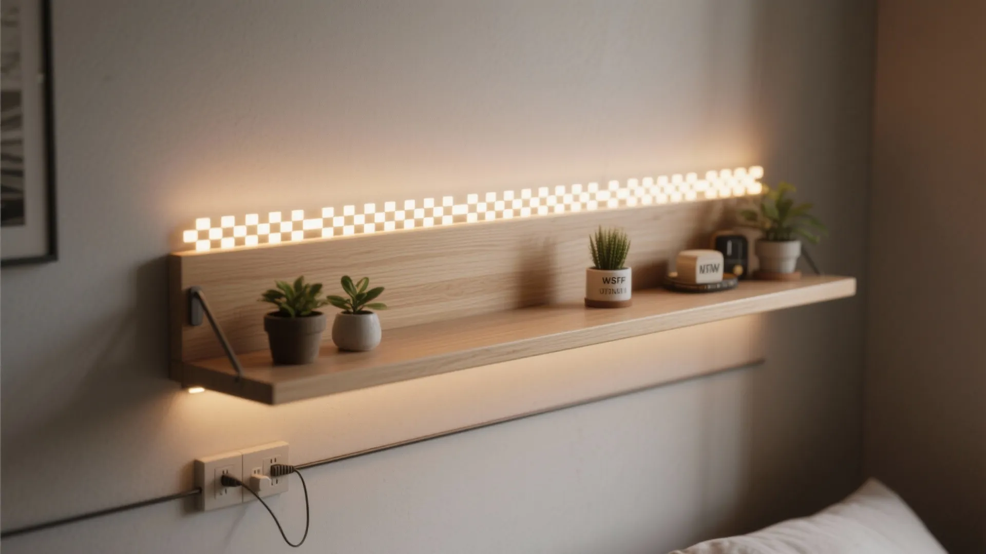 Floating backlit shelf with integrated LED diffuser and small plants