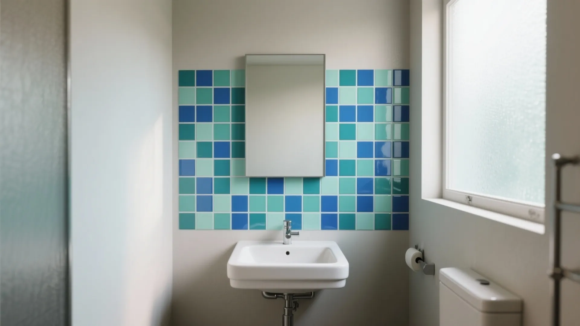 Modern bathroom featuring a white sink under a mirror with blue and green mosaic tiles