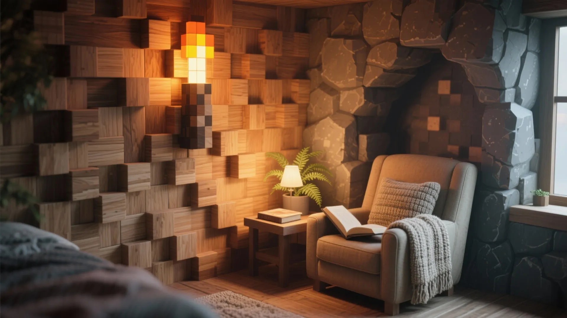 Cozy reading corner with grey armchair wooden block wall panel pixelated wall light and plant