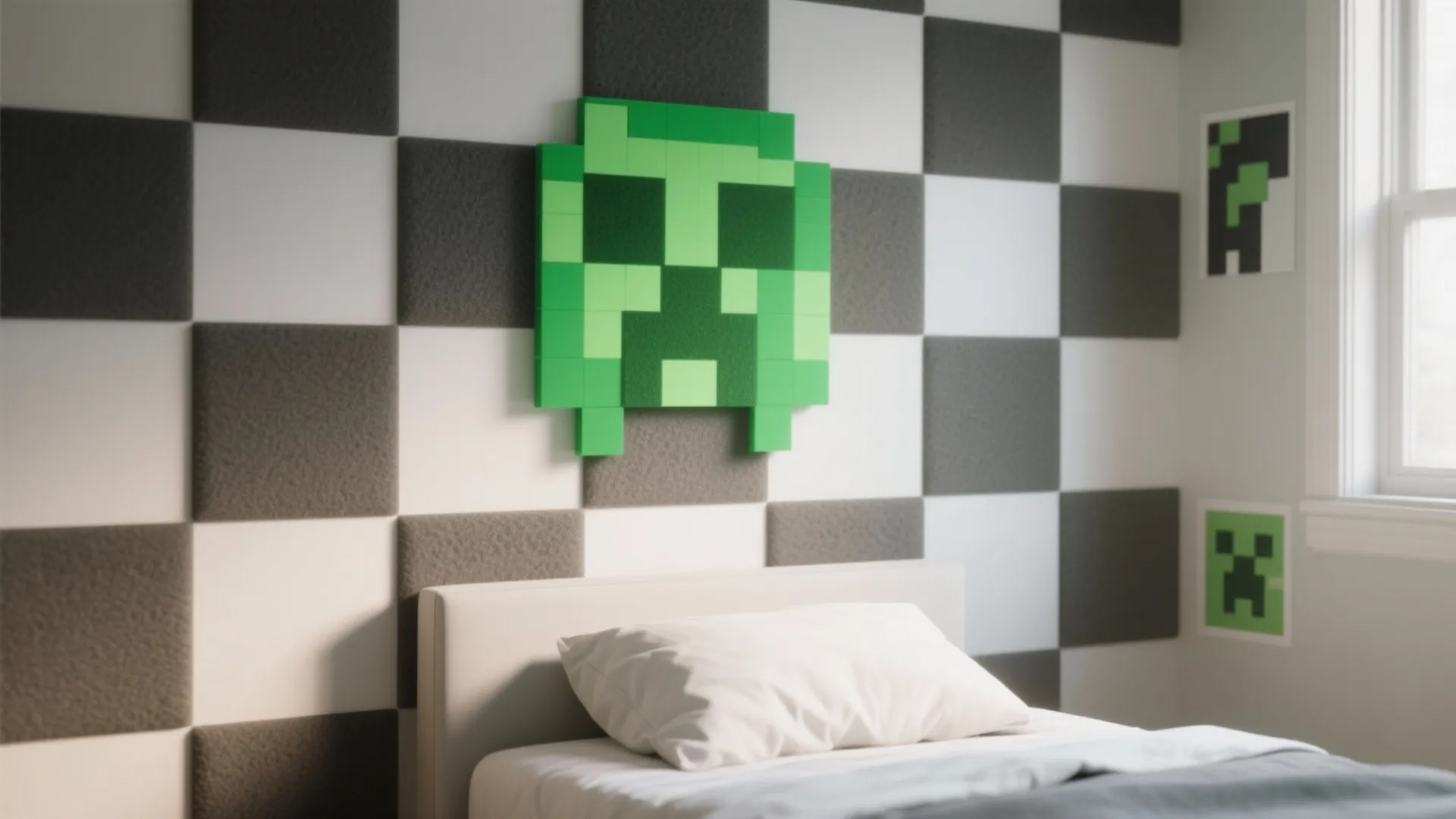 Modern bedroom with checkered wall panels and a green pixel face art above the bed