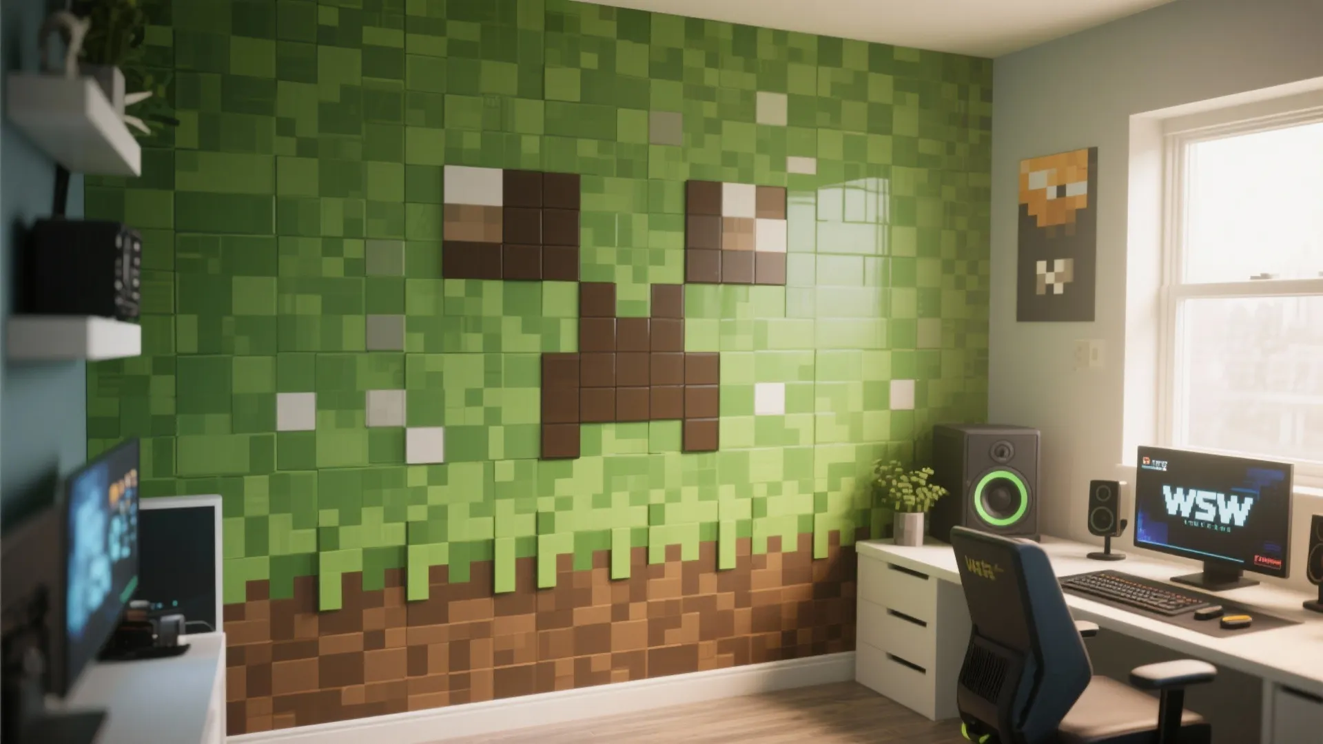 Pixel-themed accent wall in a Minecraft-inspired gaming space
