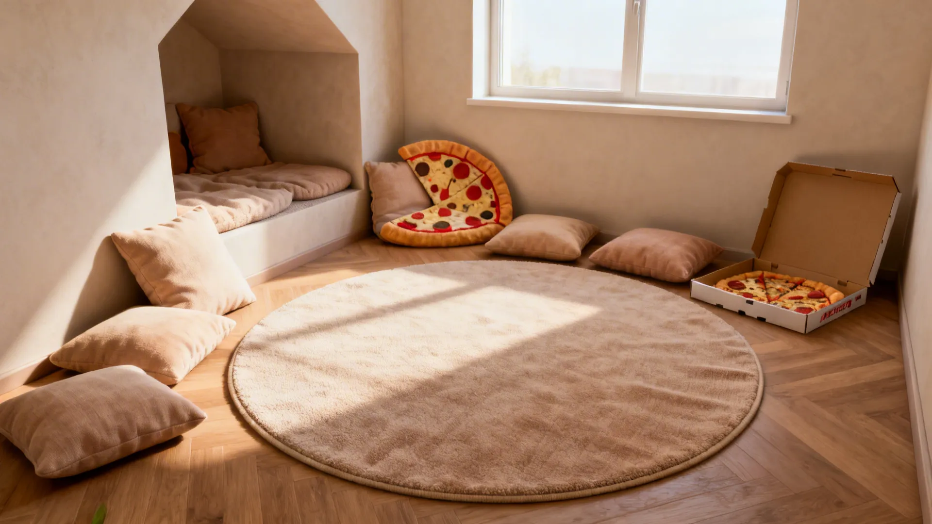 Cozy pizza-themed play nook with circular rug and floor cushions in a children's room.
