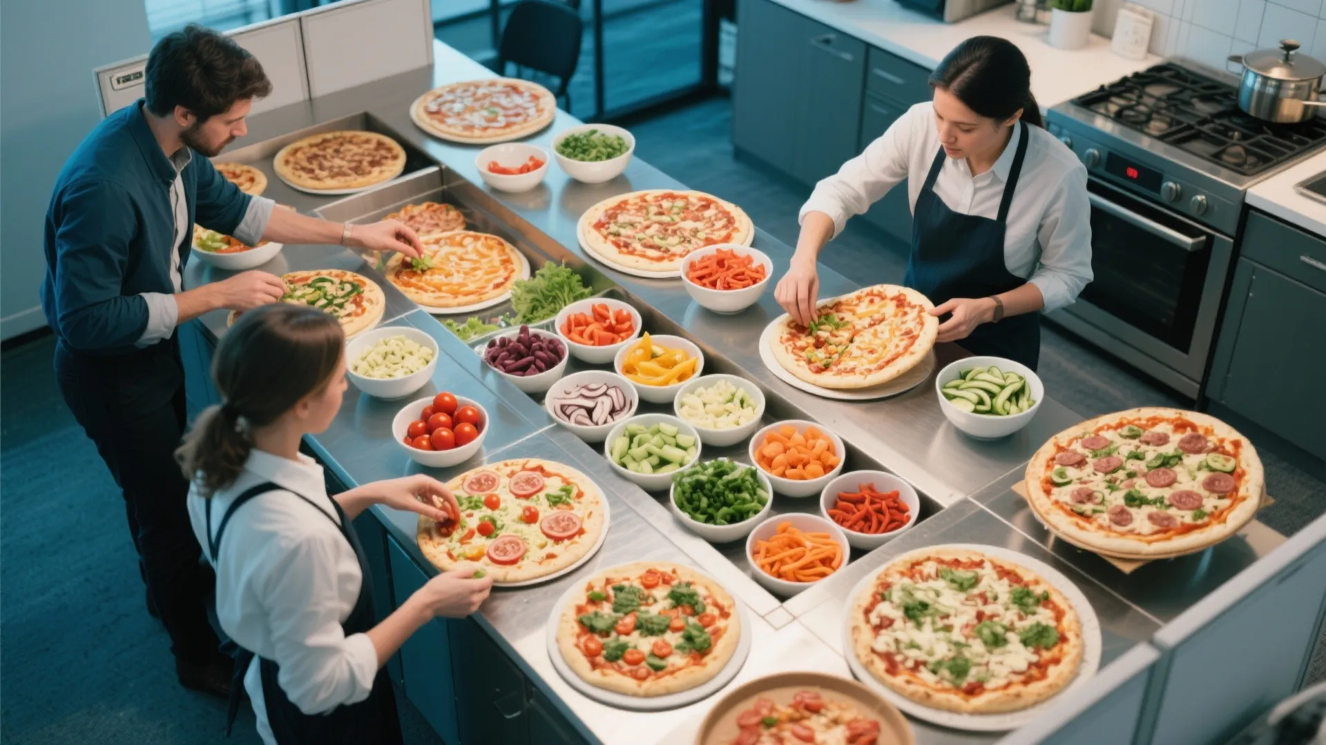 People preparing pizzas with fresh toppings on a metal counter inside a modern office kitchen