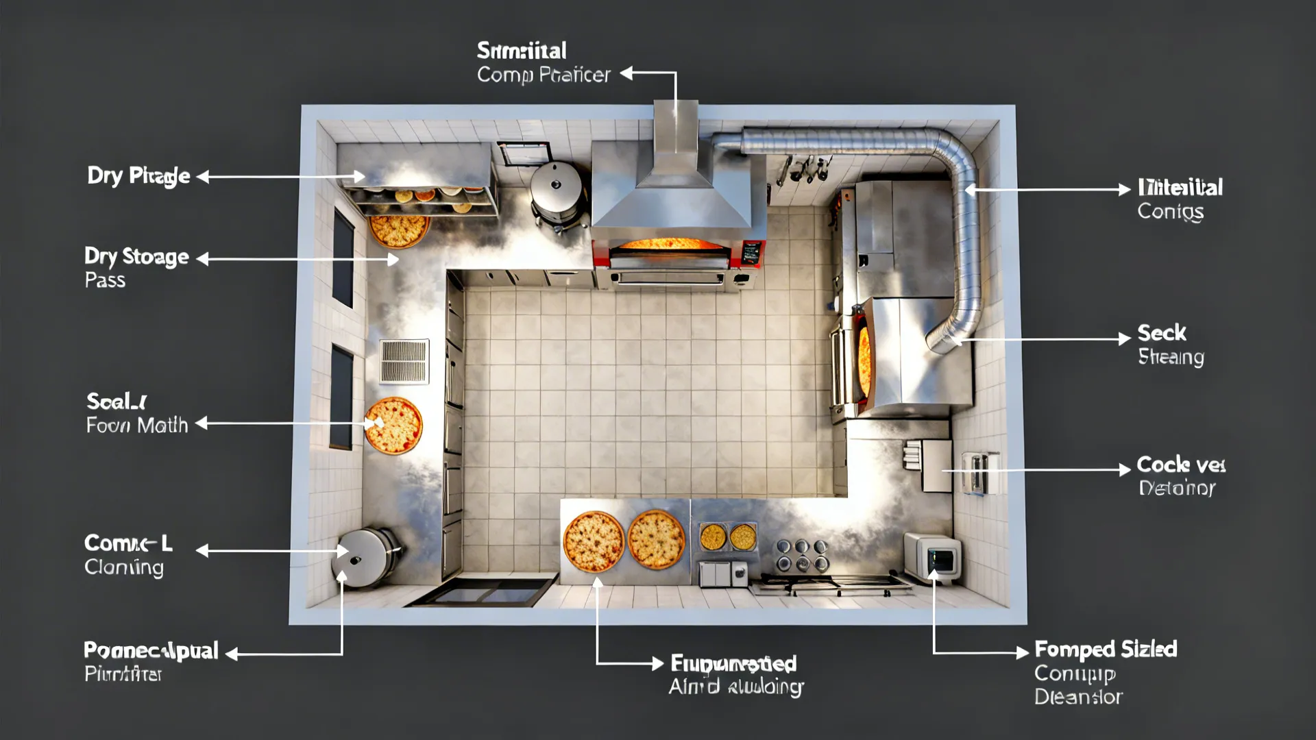 Top-down composite showing linear and L-shaped pizza kitchen flows, oven types, and make table sizing.