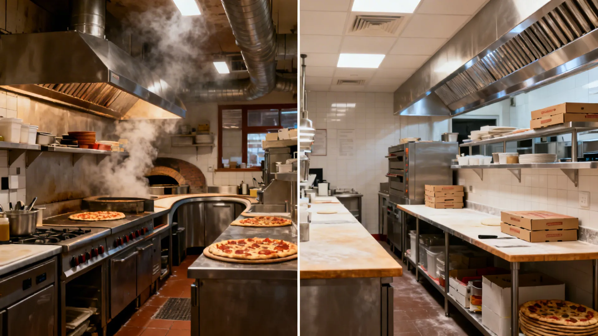 Before-and-after comparison of a small pizza kitchen from cluttered to efficient linear workflow.