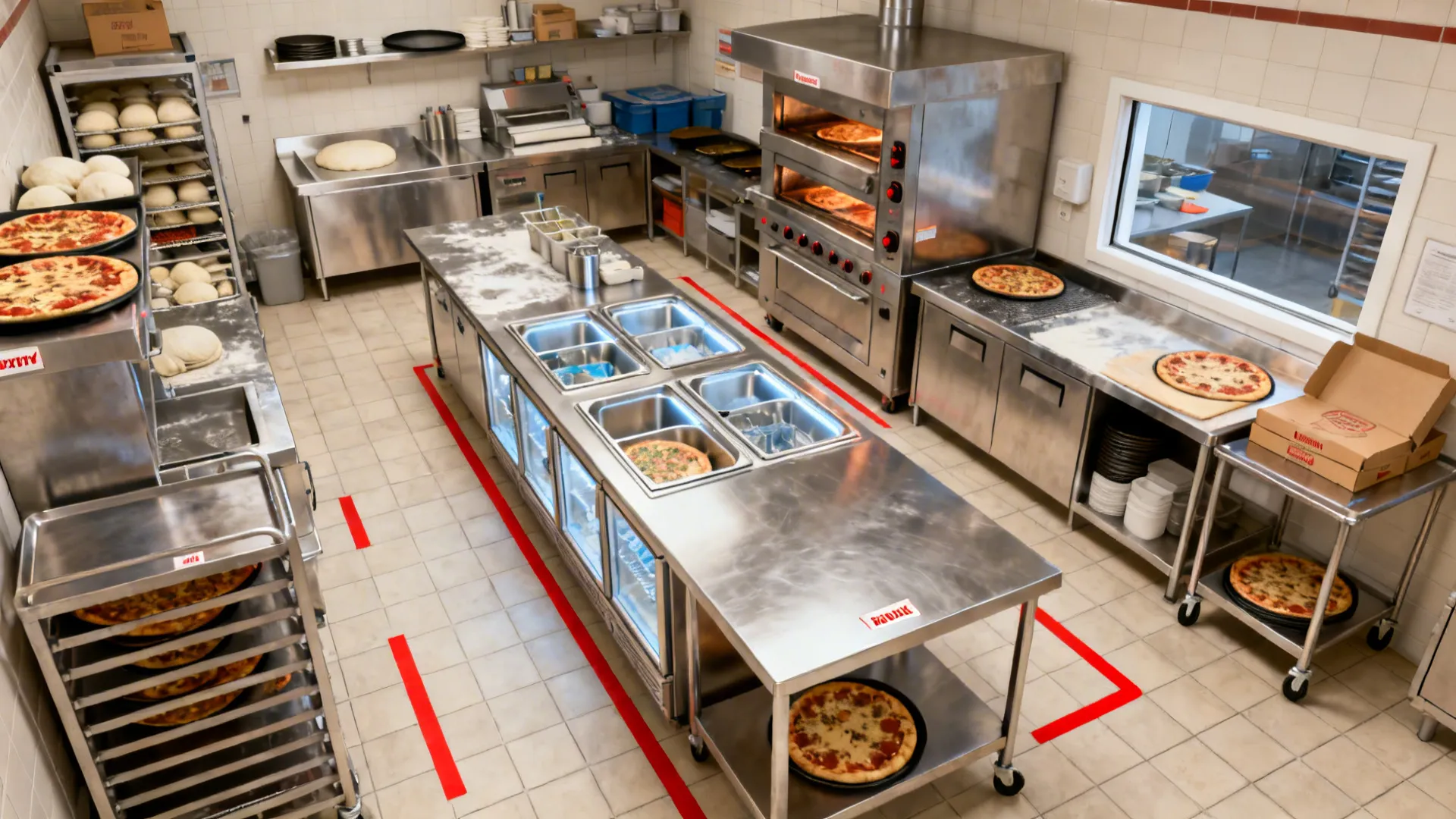 Top-down plan of a linear pizza kitchen flow from prep to oven to pass.