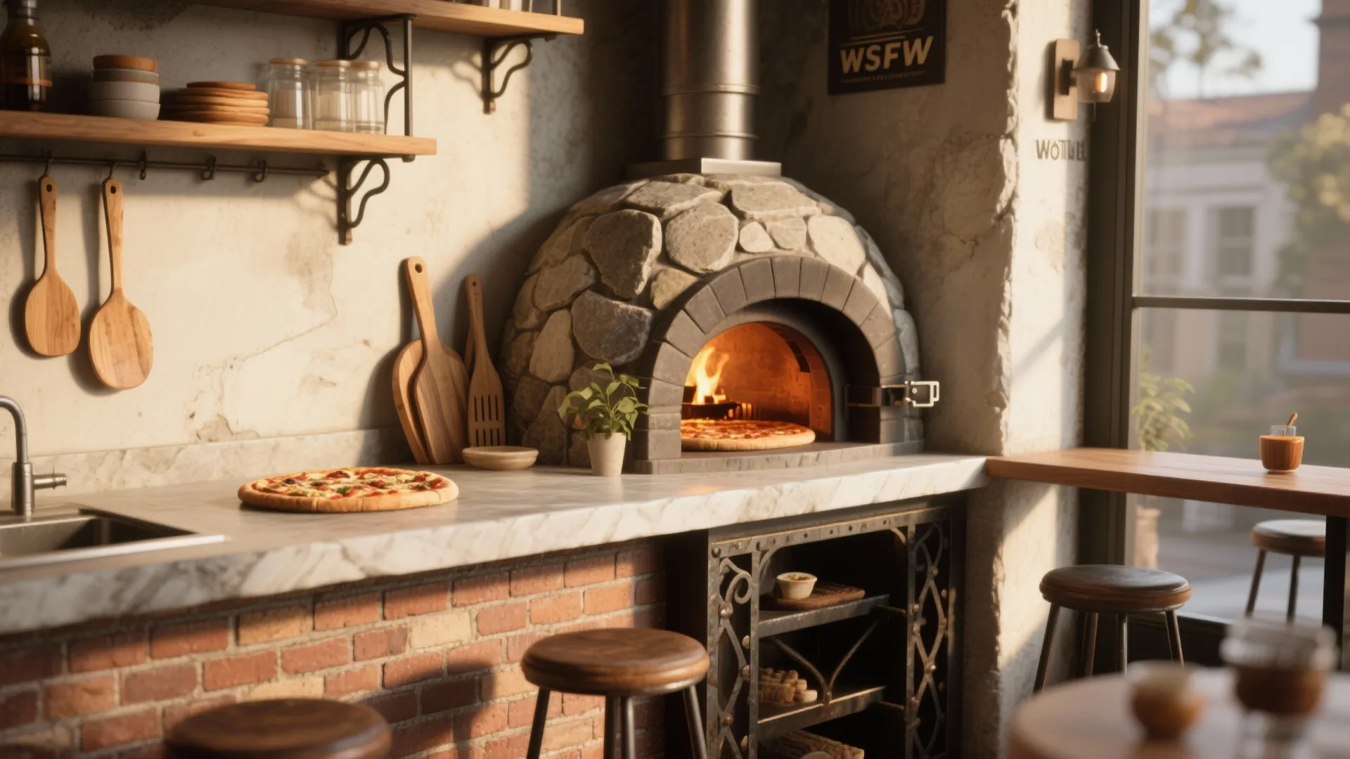 Rustic stone pizza oven in kitchen with marble counter brick wall and wooden bar stools