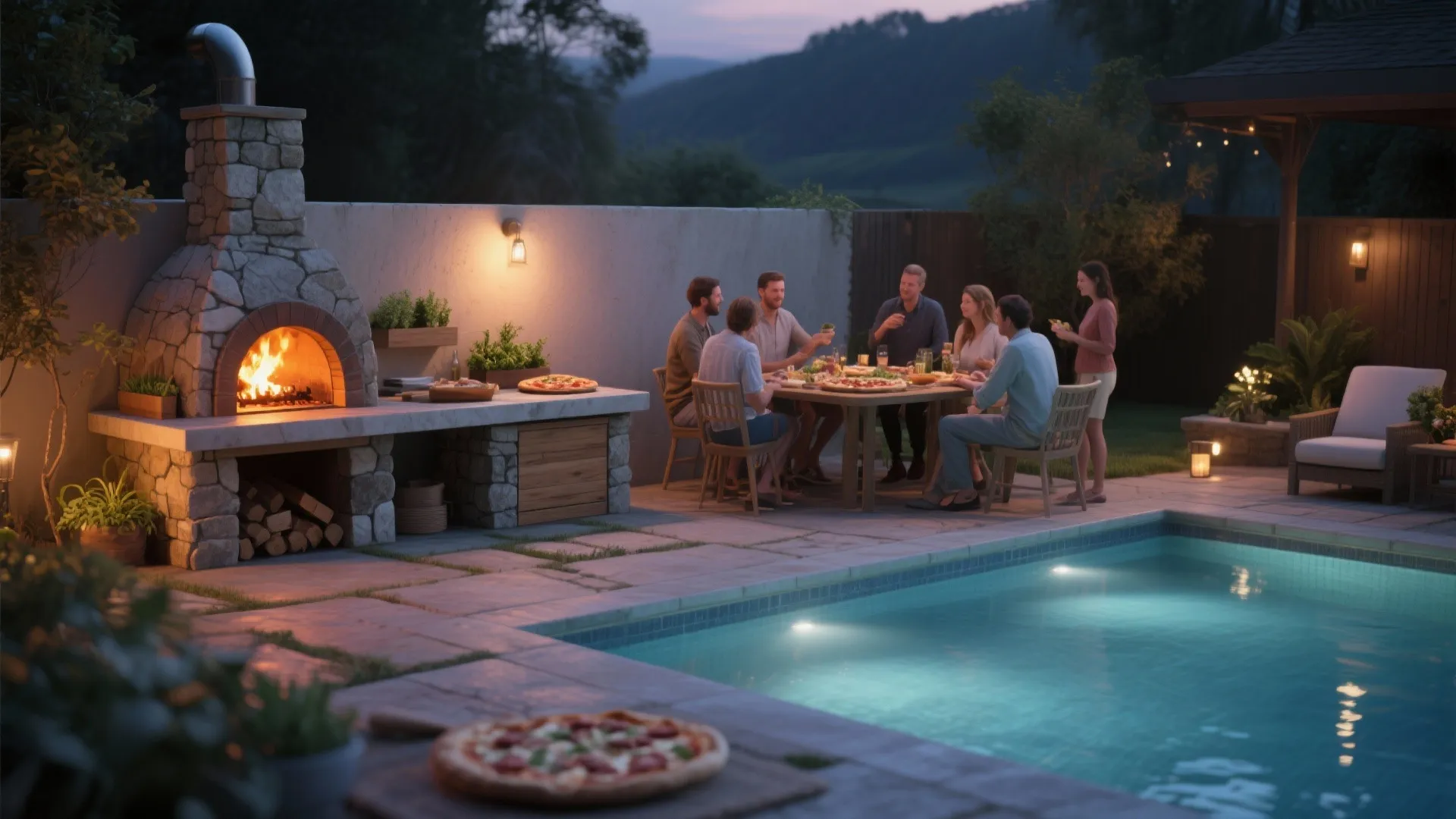 Pool-adjacent pizza oven corner with heat-resistant base and herb prep counter