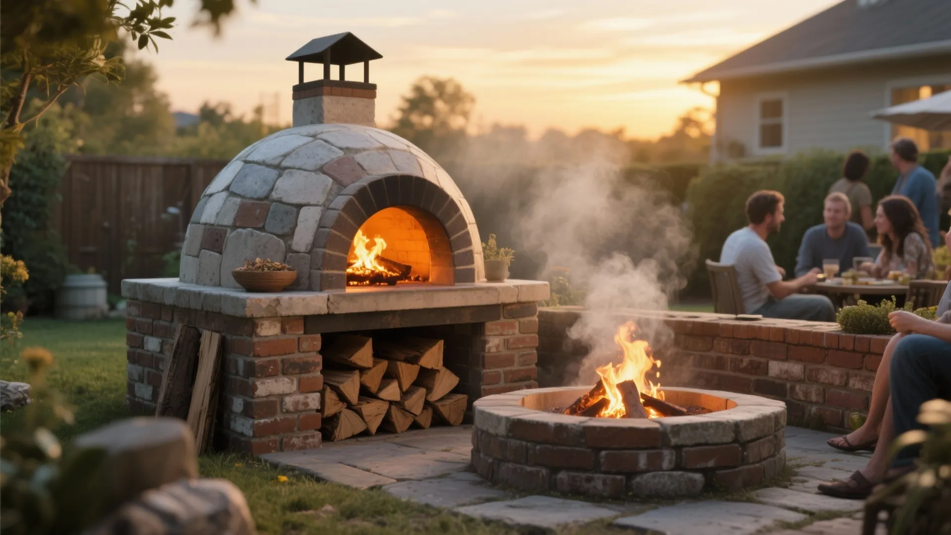 Compact DIY pizza oven and masonry fire pit nook built from recycled bricks in a cozy backyard setting.