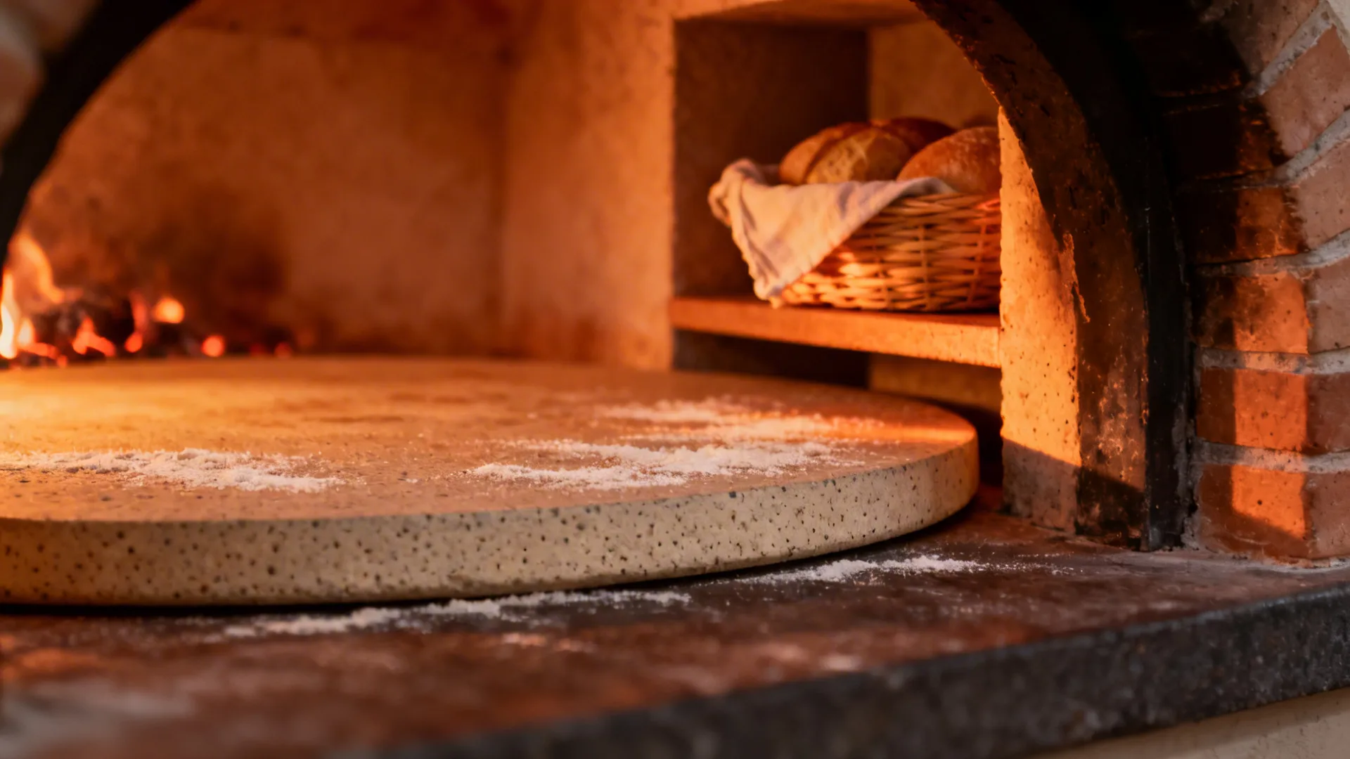 Macro detail of a cordierite pizza stone inside a glowing hearth with a warm niche above.