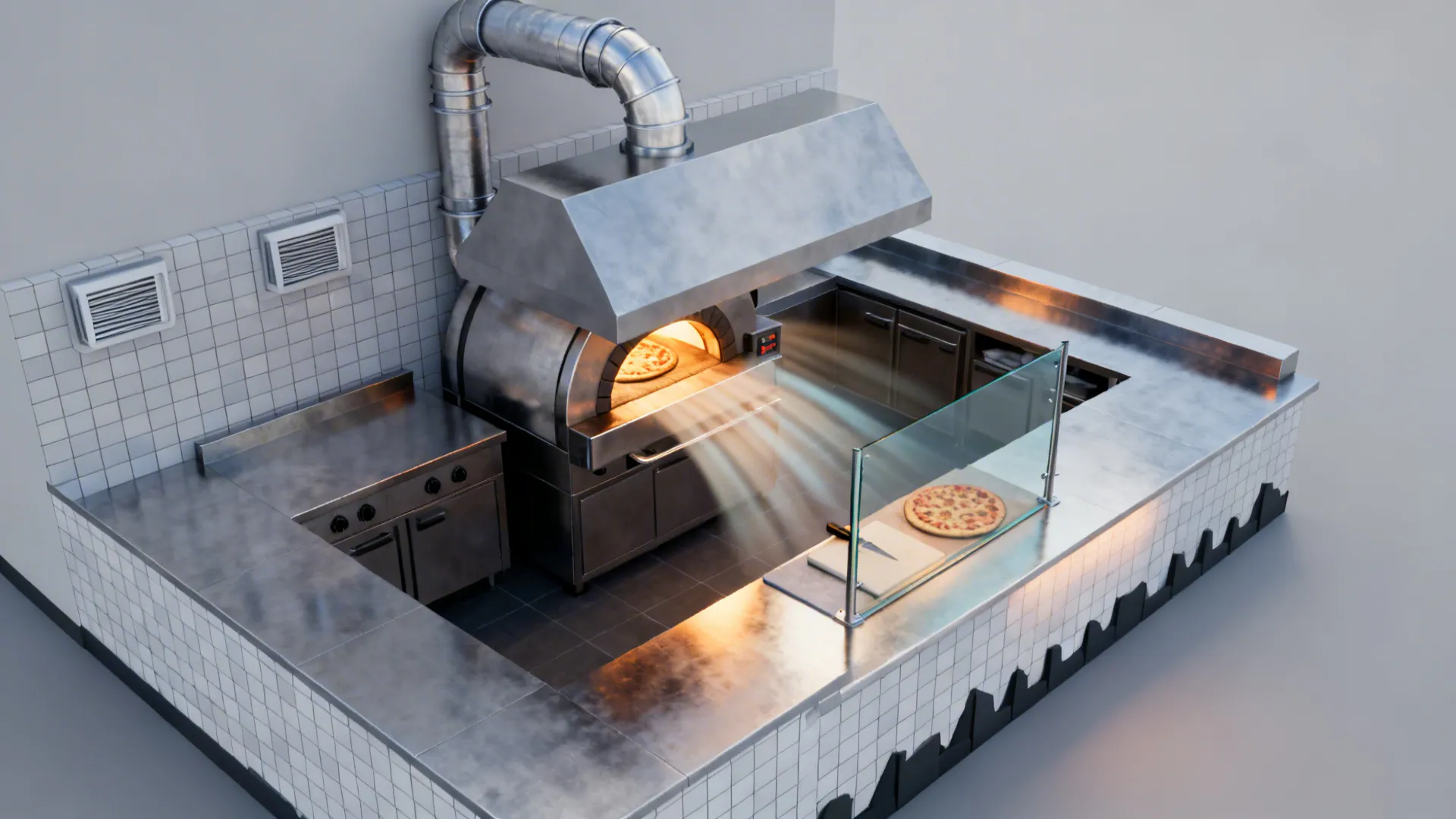 Kitchen layout highlighting hood capture, ducts, make-up air, and heat shields.